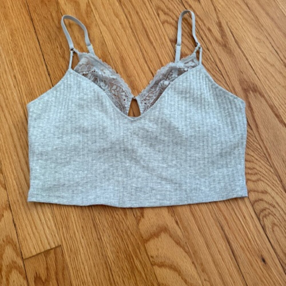 AERIE Ribbed Lace Bra Top, soft gray, M,  NWOT